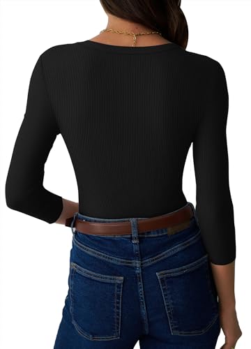 Womens 3/4 Sleeve Tops Ribbed Knit Slim Fitted Tight Shirts Crewneck Basic Tee Tshirt 2025 Fall Casual Outfits4