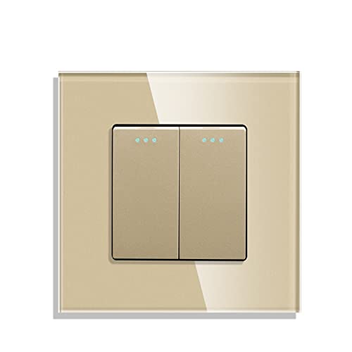 CNBINGO Interrupteur de bouton à bascule de avec points fluorescents, plaque murale Or en verre en cristal moderne, interrupteur d'éclairage double, 2 compartiment, interrupteur à 1 pôle, 10A 250V