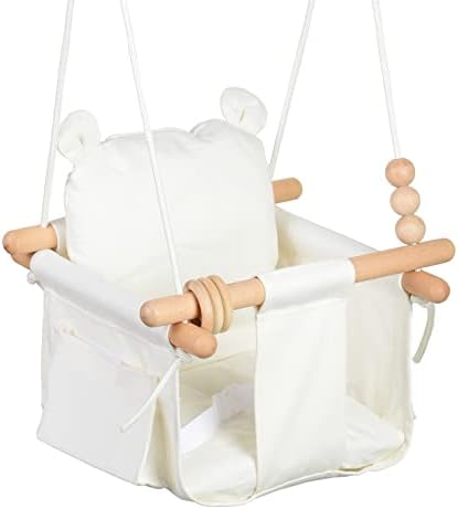 Canvas Baby Swing Seat Wooden Baby Hanging Swing Door Swing Baby Toddler Swing with Safety Belt and 2 Side Pockets for Indoor Playground Sport & Outdoor Play Toys