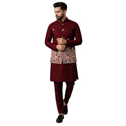 Trustous Men’s Kurta Pyjama Set with Embroidered Jacket.