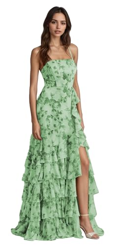 Women Floral Spaghetti Strap Bridesmaid Dress with Slit Chiffon Tiered Ruffle Wedding Guest Formal Dresses