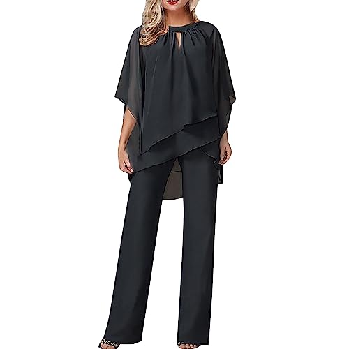 Hosenanzug Damen Tüll Abendanzug Sets Zweiteiler Chiffon Shirt Und Hohe...
