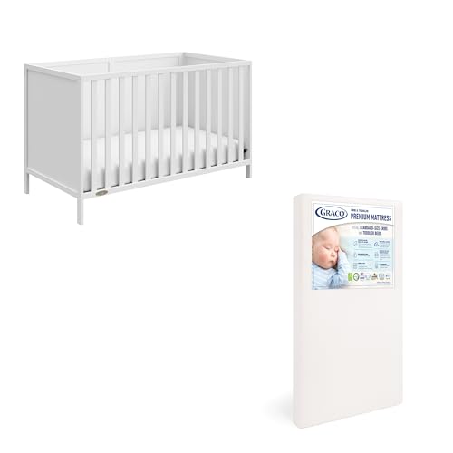 Image of Graco Theo Crib and Mattress Nursery Essentials Pack (White) – GREENGUARD Gold Certified Baby Crib & Crib Mattress, Cribs with Mattress Included, Convertible Crib, Baby Mattresses for Crib