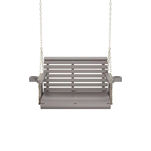 Image of Amish Casual Heavy Duty 700 Lb Capacity Porch Swing with Cup Holders (3 Foot, Semi-Solid Gray Stain) - Wooden Outdoor Roll Back Swing with Hanging Chains - Amish Made in the USA
