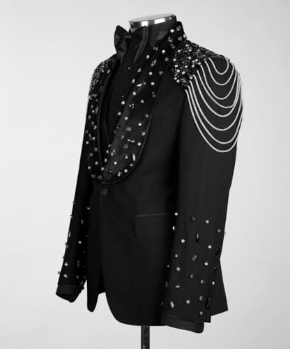 3 Piece Men's Tuxedo Suits Luxury Rhinestone Shawl Lapel Blazers Slim Jacket Vest Pants Sets for Wedding,Prom,Party4