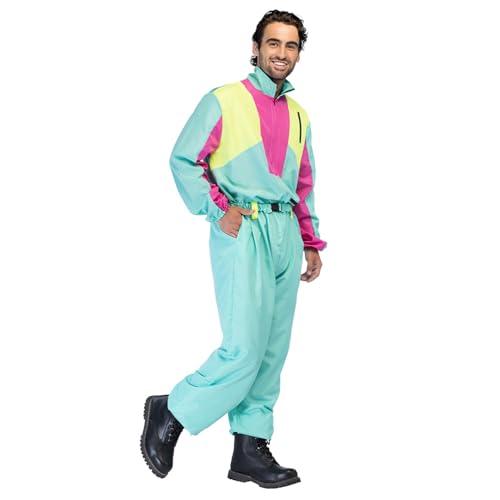 Combinaison de ski rétro homme costume années 80 et déguisement de carnaval pour après-ski fluo
