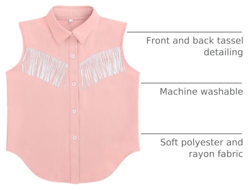 Image of Girls Fringe Shirt Sleeveless Button Down Western Cowgirl Tassel Trim Casual Blouse Shirt Top 4-13Y