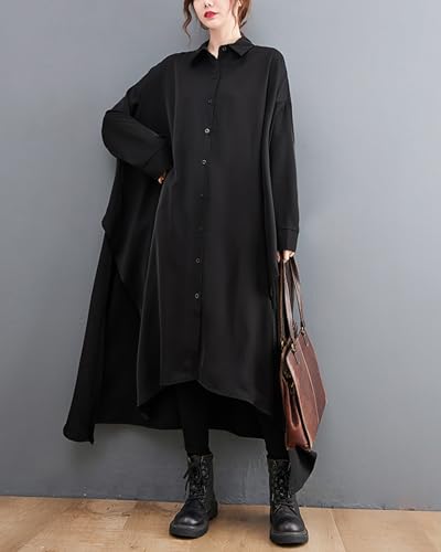 ellazhu Women's Solid Color Button Down Irregular Hem High Up Shirt Dress GZ118 A2
