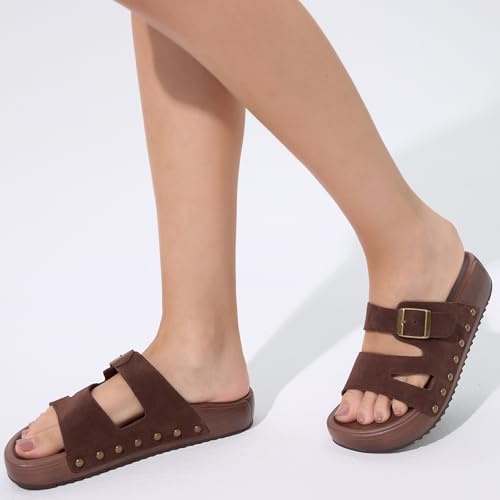 Image of UBFEN Womens Platform Slide Sandals | Real Leather,Buckle Sandals with Cushioned Flatform Footbed,Comfortable for Walking,Arch Support,Casual Styling