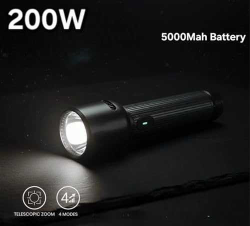 Image of RL-M59 Heavy Duty 200W LED Torch, Metal Rechargeable Flashlight with 5000mAh Battery, Telescopic Zoom Focus, Type-C Fast Charging for Home & Outdoor Use