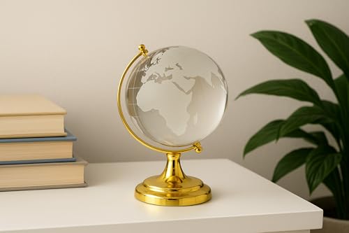 Image of Luxury Crystal Globee with Golden Stand- Elegant World Globe for Desk or Office Decor, Modern Decorative Glass Globe with Etched Continents (Gold And White, Large)