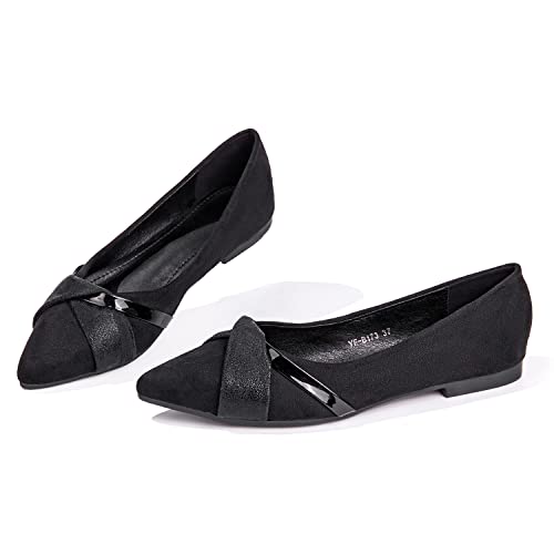 SHIBEVER Women's Ballet Flats Suede Pointed Toe Slip On Flats Comfortable Dress Walking Work Flat Shoes Black 8.5