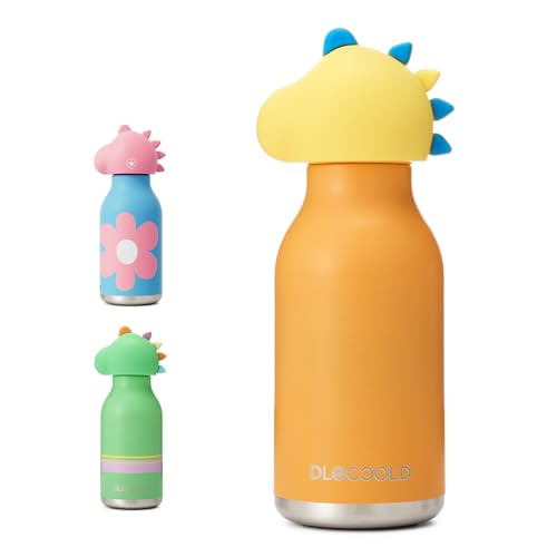DLOCCOLD Insulated Stainless Steel Water Bottle with Detachable Soft Dinosaur Animal Head Fun Drinking 16 Ounce with Flexible Reusable Straw
