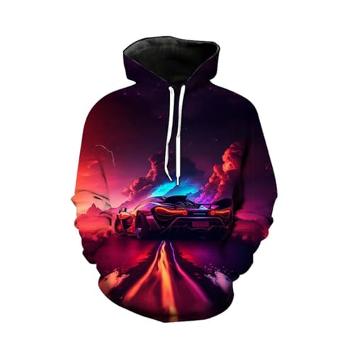 Sweat à capuche homme manches longues ample imprimé voiture sport relief 3D