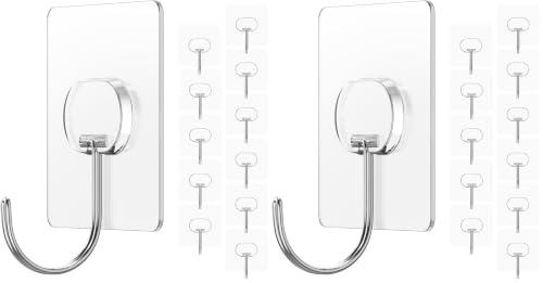 Image of JINSHUNFA Adhesive Wall Hooks 13LB Heavy Duty No Drill Large Transparent Waterproof Hooks for Bathroom Kitchen Towel Coat 24 Pack