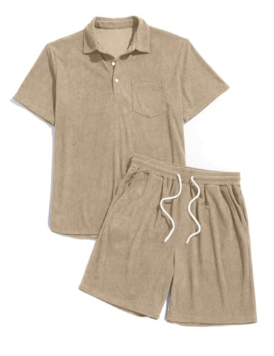 Image of ZAFUL Men's 2 Pieces Sets Outfits Summer Beach Set Short Sleeve Button Down Zip Up Shirt And Short Sets