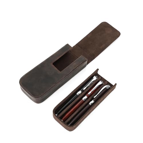 CONTACTS Estojo de Couro Legítimo Retro para 3 Canetas ou Lápis, Sem Forro, Organizador de Escritório, Acessório de Estudo com Bandeja Removível em Tecido Suede com Divisória e Fecho Magnético, Luxo