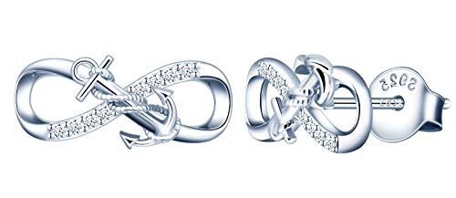MicLee Boucles d'oreilles femme fille en argent 925, boucles d'oreilles d'ancre, mini clous d'oreilles de symbole de l'infini, Zircon incrusté