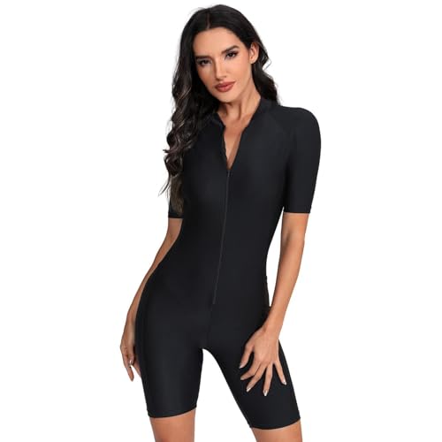 Beachkini Maillot de Bain Une Pièce à Manches Courtes pour Femmes,Combinaison de Surf Zippée,85 Noir Pur, XXL