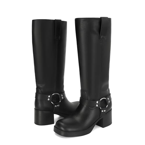 Image of Women's Knee High Riding Boots Chunky Heel Wide Calf Motorcycle Boots with Side Zipper