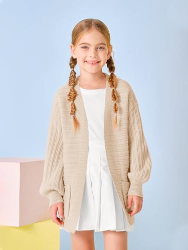 Image of Haloumoning Kids Girls Open Front Cardigan Sweaters Long Sleeve Cable Knit Fashion Clothes with Pockets 5-14 Years