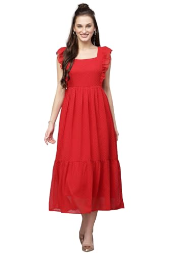 Image of Sugathari Georgette Jacquard Butti Square Neck Knee Length Western Dresses for Women (Dress2 89)
