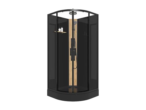 Vente-unique-Cabina de ducha hidromasaje en cuarto de círculo con panel de bambú - Negro - Ancho 90 x 90 x Alt. 225 cm - TILOMA