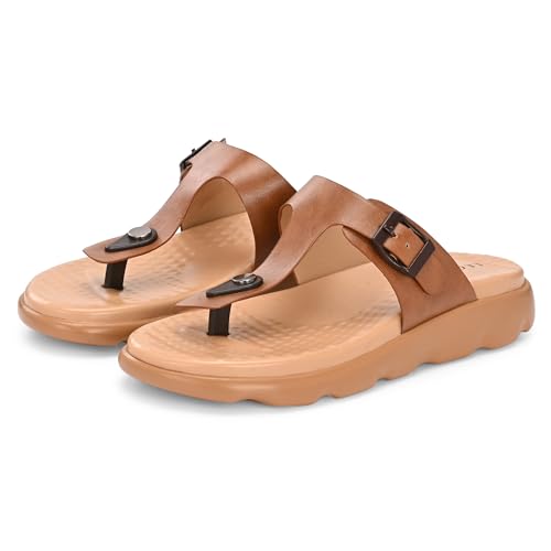 Image of Legwork Women's Orthopaedic T-Strap Thong Sandal | Acupressure Massage Footbed | EVA Cushioned Platform Sole | Doctor Arch Support | Adjustable Buckle Strap | Diabetic Friendly Flat Sandals for Women | UK 3-8 | Brown, Tan, Pink