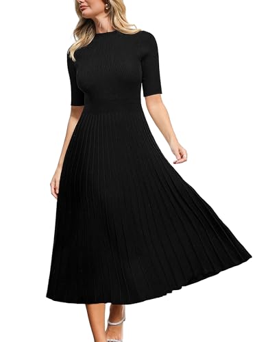 Image of CUPSHE Fall Dresses for Women 2025 Round Neck Half Sleeve Ribbed Knit Pleated A Line Fitted Midi Pullover Sweater Dress