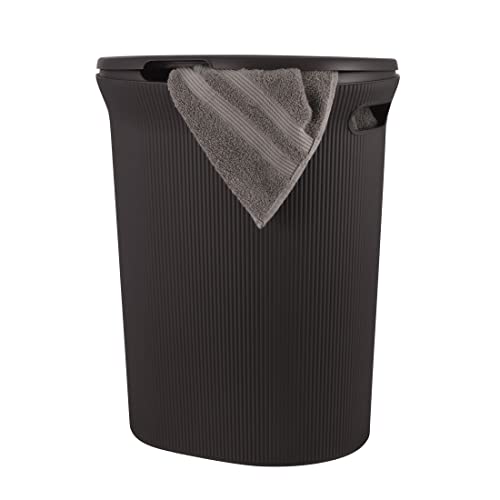 Image of Superio Ribbed Collection - Decorative Plastic Laundry Hamper with Lid and Cut-Out Handles, Brown (1 Pack) Basket Organzier for Bedroom Bathroom College Dorm Room 40 Liter