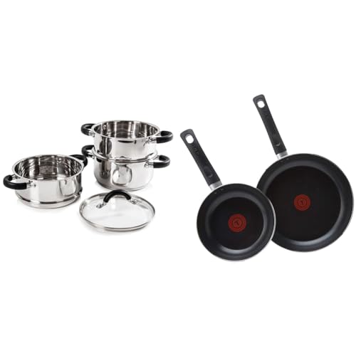 Tower T80836 Essentials Induction Steamer Pans 3 Tier with Glass Lid, Silicone Handles, 18 cm & Tefal Taste Twin Pack, Aluminium Frying Pans, Pan Set, Pans 20 cm and 28 cm Diameter, Black, Pack of 2