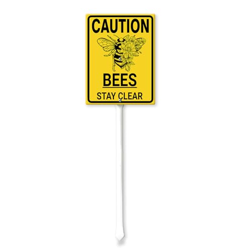 Geroclonup Bee Yard Sign Caution Bees Stay Clear Sign with Stake 11,5 x 15 cm Divertente cartello da cortile in alluminio robusto cartello da cortile antiruggine cartello da cortile resistente allo