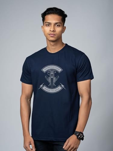 Image of T-Shirt for Men - 100% Cotton Ladakh Motorcycle Rider Half Sleeve Round Neck Graphic Print | Regular & Oversized Fit | 180 /220 GSM | S-5XL | Black, Navy Blue, Olive, Red, White