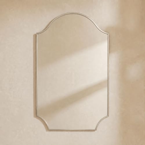 Image of TEHOME Scalloped Brushed Nickel Bathroom Vanity Mirror, Silver Decorative Bathroom Mirror, 24x36''