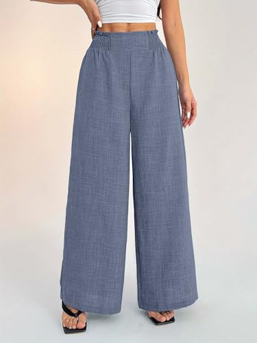 Image of Sugathari Women's Casual Wide Leg Pants - High Waist Elastic Waistband Loose Fit Long Trousers | Lightweight Straight Leg Summer PantsTrouser 254