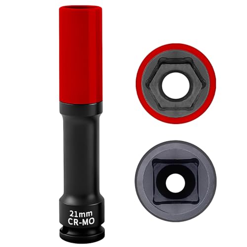 Image of 21mm 1 /2 inch Extra-Long Wheel Protector Impact Socket, Lug Nut Removal | 6 Point, Non-Marring, Thin Wall, Deep Socket, Wheel Protector, Protective Socket, Color-Coded, Cr-Mo Steel, Hand Repair Tool