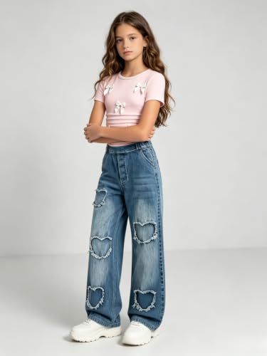 Image of Size 7-14 Years Girls 2 Piece Outfits Bow Short-Sleeved Top and Jeans Pants Clothing Set