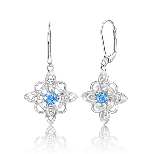 925 Sterling Silver Celtic Knot Dangle Earrings for Women Blue Cubic Zirconia Witches Knot Birthstone Leverback Earrings Wicca Irish Jewelry Nudo de Bruja Birthday Gifts for Wife Girlfriend Mom
