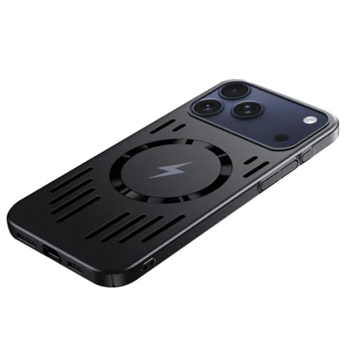 For IPhone 17/17 Air/17 Pro/17 Pro Max用スリムケース、メタリックペイント仕上げ、中空シェル、放熱性、ワイヤレス充電対応、携帯カバー(Black,17 Pro)