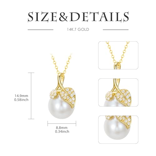 14k Gold Created Moissanite Leaf and Freshwater Cultured Pearl Pendant Necklace for Women, Fine 14kt Gold Pearl Jewerly Gifts for Her, 16-18 Inches3