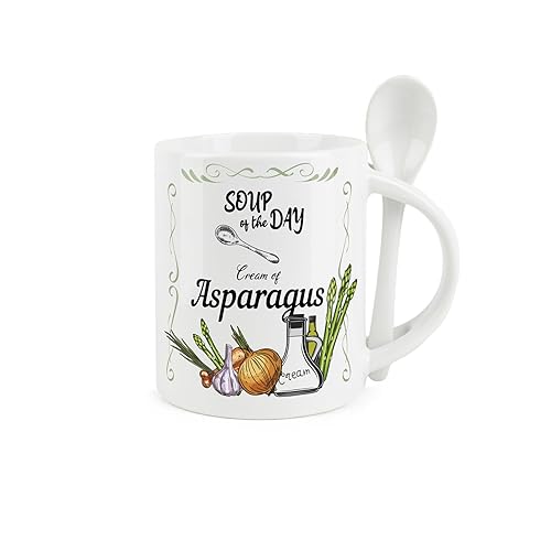 Purely Home Soup Mug and Spoon Set - Cream of Asparagus Soup of The Day - Ceramic White Soup Mug with Spoon in Handle
