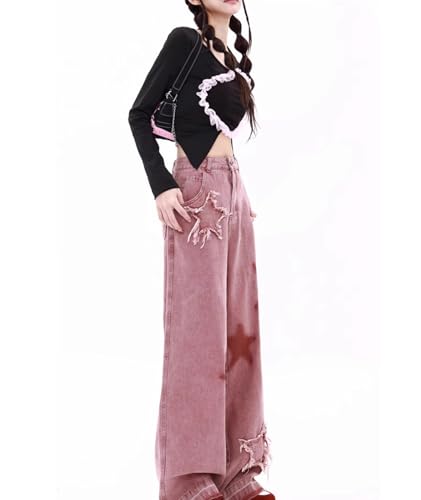 xxxiticat Women's Pink Baggy Jeans High Waisted Five-Pointed Star Embroidery Vintage Loose Raw Hem Wide Leg Denim Pants3