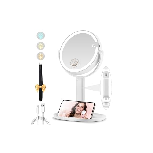 MOMOKUBA Miroir Grossissant Lumineux X 20, Miroir Grossissant sur Pied 8', miroirs Maquillage Lumineux sur Pied Double Face 3 Couleurs 64 LED, Rechargeable Rotation 360°