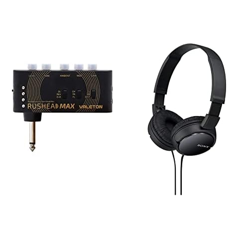 Valeton RH-100 Rushead Max - USB Chargable Portable Pocket Guitar Bass Headphone Amp Carry-On Bedroom Plug-In Multi-Effects & Sony MDR-ZX110 Overhead Headphones - Black , BASIC Cover