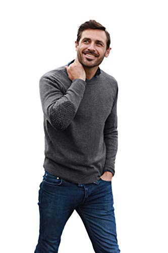 Irish Sweater for Men's Made in Ireland 100% Merino Wool Woven Crew Neck Pullover with Elbow Patches (Medium)