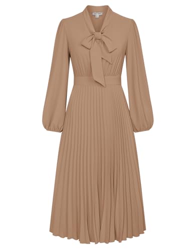 GRACE KARIN 50Er Jahre Vintage Retro Cocktailkleid V-Ausschnitt Fliege Plissee Midikleid für Business Arbeit Khaki 46