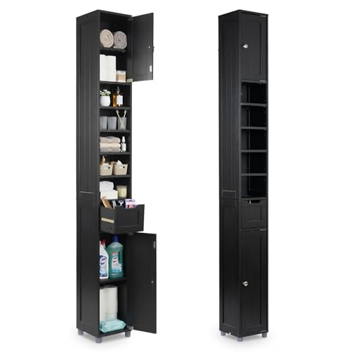 VOUNOT® Armario para Baño Alto Mueble Columna de Baño, Estanterías con 2 Puertas y 1 Cajón, Estantes Ajustables Espacio Abierto, Mueble Auxiliar de Almacenaje para Salón Dormitorio, 20x20x180cm, Negro