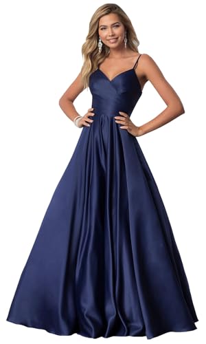 prom dresses 2025 navy blue Navy Blue Tulle Lace A-line V-neck Prom Dresses, Long Formal Dresses, MP642