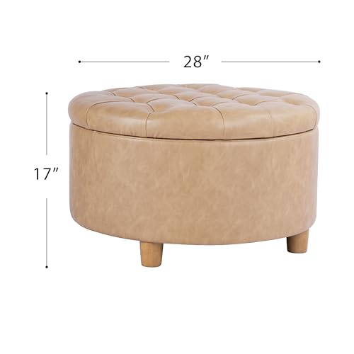 Image of HomePop 28 inch Button Round Storage Ottoman - Light Camel Faux Leather