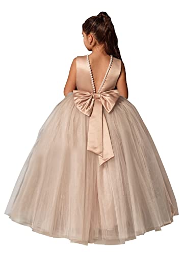 Tulle Flower Girls Dresses for Wedding Pearls Satin Princess Pageant Ball Gowns with Bow-Knot ZLJ230304